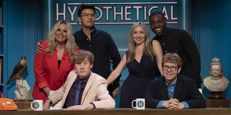 Hypothetical. Image shows from L to R: Roisin Conaty, James Acaster, Phil Wang, Victoria Coren Mitchell, Darren Harriott, Josh Widdicombe. Copyright: Hat Trick Productions