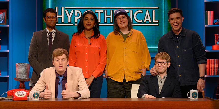 Hypothetical. Image shows from L to R: Richard Ayoade, James Acaster, Sindhu Vee, Chloe Petts, Josh Widdicombe, Ed Gamble. Copyright: Hat Trick Productions