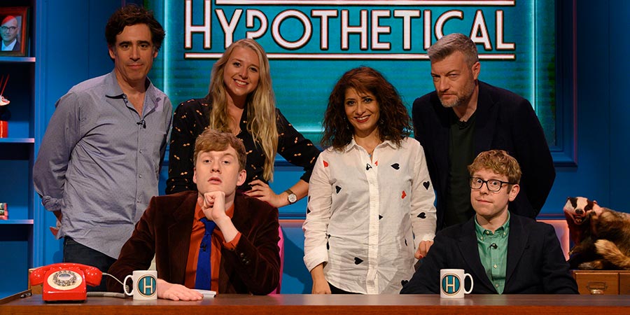 Hypothetical. Image shows from L to R: Stephen Mangan, James Acaster, Tessa Coates, Shaparak Khorsandi, Charlie Brooker, Josh Widdicombe. Copyright: Hat Trick Productions