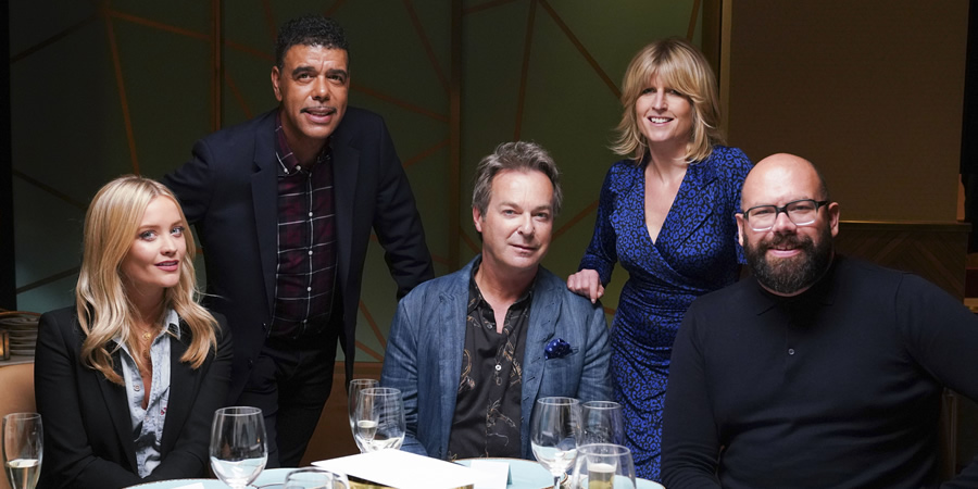 I'll Get This. Image shows from L to R: Laura Whitmore, Chris Kamara, Julian Clary, Rachel Johnson, Tom Davis. Copyright: 12 Yard Productions