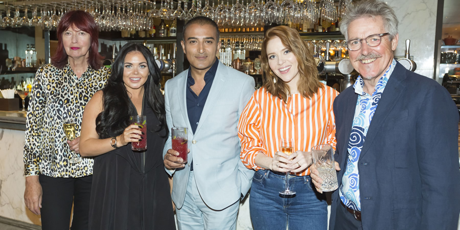 I'll Get This. Image shows from L to R: Janet Street-Porter, Scarlett Moffatt, Adil Ray, Angela Scanlon, Griff Rhys Jones. Copyright: 12 Yard Productions