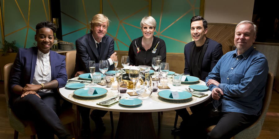 I'll Get This. Image shows from L to R: Ashley Charles, Richard Madeley, Steph McGovern, Russell Kane, Steve Pemberton. Copyright: 12 Yard Productions