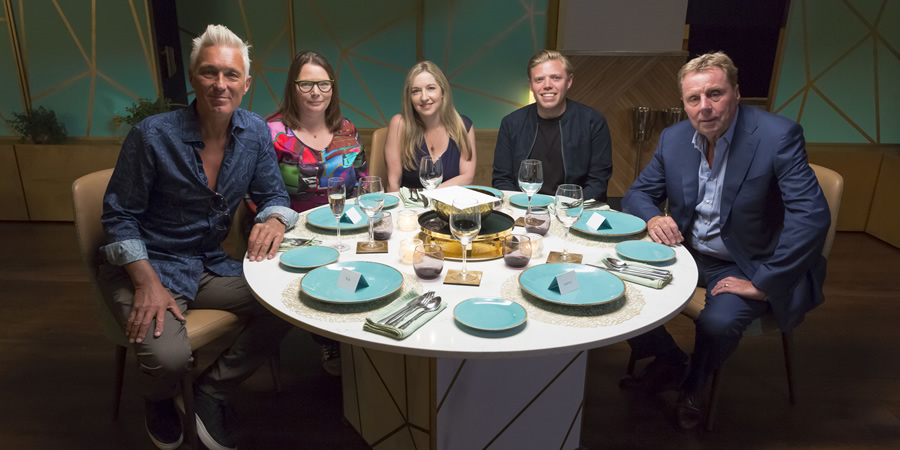 I'll Get This. Image shows from L to R: Martin Kemp, Joanna Scanlan, Victoria Coren Mitchell, Rob Beckett, Harry Redknapp. Copyright: 12 Yard Productions