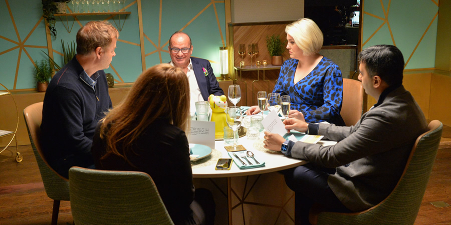 I'll Get This. Image shows from L to R: Peter Jones, Sarah Willingham, Touker Suleyman, Sara Davies, Tej Lalvani. Copyright: 12 Yard Productions