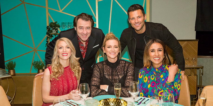 I'll Get This. Image shows from L to R: Rachel Parris, Jonathan Ross, Gabby Logan, Mark Wright, Anita Rani. Copyright: 12 Yard Productions