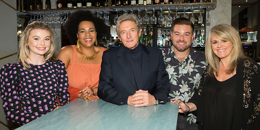 I'll Get This. Image shows from L to R: Georgia Toffolo, Desiree Burch, Nigel Havers, Alex Brooker, Sally Lindsay. Copyright: 12 Yard Productions