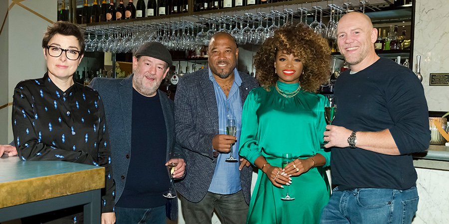 I'll Get This. Image shows from L to R: Sue Perkins, Johnny Vegas, John Barnes, Fleur East, Mike Tindall. Copyright: 12 Yard Productions