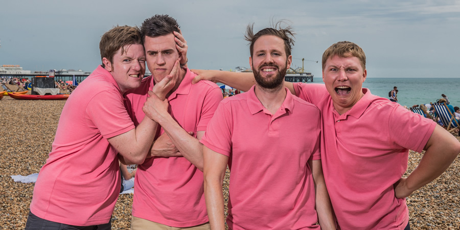 Impractical Jokers UK. Image shows from L to R: Lee Griffiths, Paul Richard Biggin, David Moon, Matt Ralph. Copyright: Yalli Productions