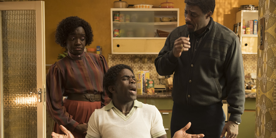 In The Long Run. Image shows from L to R: Agnes (Madeline Appiah), Valentine (Jimmy Akingbola), Walter (Idris Elba)