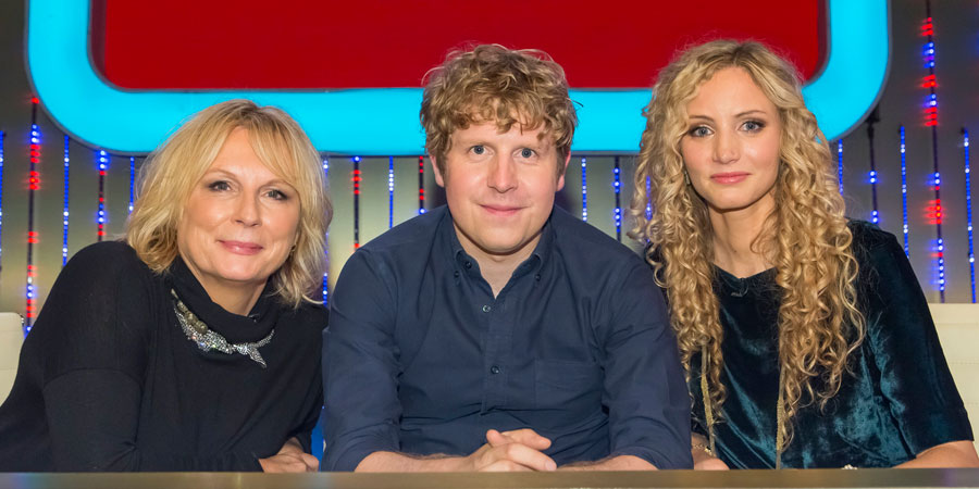 Insert Name Here. Image shows from L to R: Jennifer Saunders, Josh Widdicombe, Suzannah Lipscomb. Copyright: 12 Yard Productions / Black Dog Television
