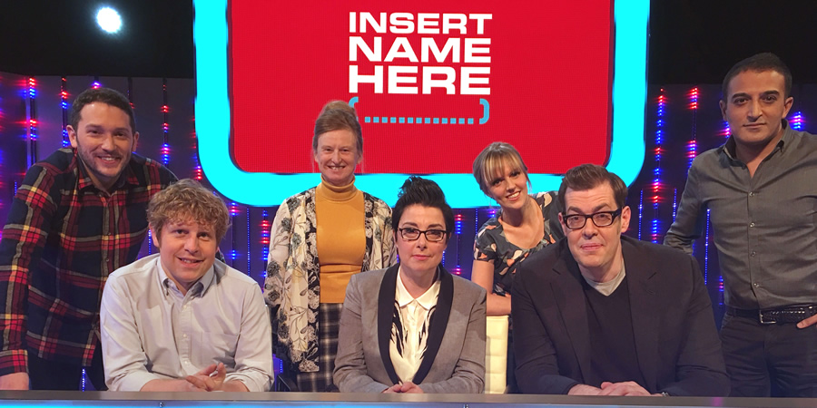 Insert Name Here. Image shows from L to R: Jon Richardson, Josh Widdicombe, Ruth Goodman, Sue Perkins, Holly Walsh, Richard Osman, Adil Ray. Copyright: 12 Yard Productions / Black Dog Television