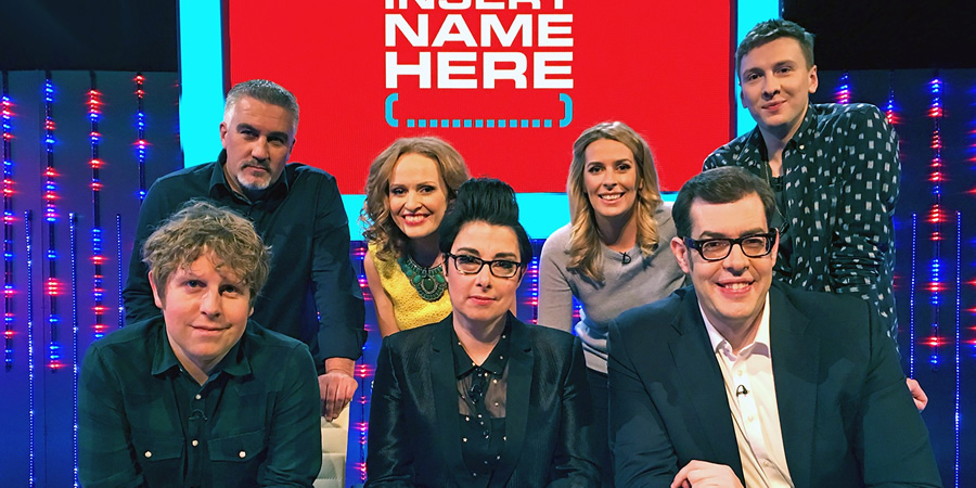 Insert Name Here. Image shows from L to R: Josh Widdicombe, Paul Hollywood, Kate Williams, Sue Perkins, Sara Pascoe, Richard Osman, Joe Lycett