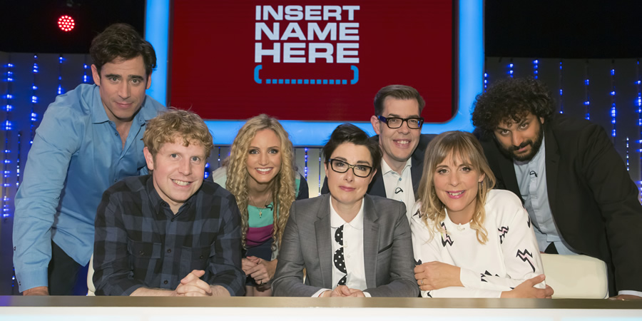 Insert Name Here. Image shows from L to R: Stephen Mangan, Josh Widdicombe, Suzannah Lipscomb, Sue Perkins, Richard Osman, Mel Giedroyc, Nish Kumar