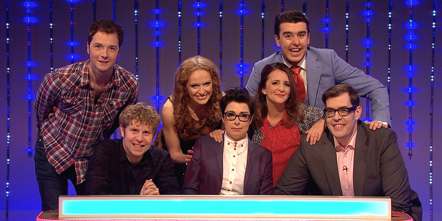 Insert Name Here. Image shows from L to R: Chris Addison, Josh Widdicombe, Kate Williams, Sue Perkins, Lucy Porter, Al Porter, Richard Osman