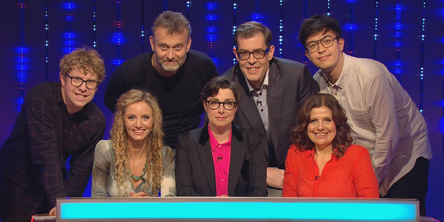 Insert Name Here. Image shows from L to R: Josh Widdicombe, Suzannah Lipscomb, Hugh Dennis, Sue Perkins, Richard Osman, Rebecca Front, Phil Wang