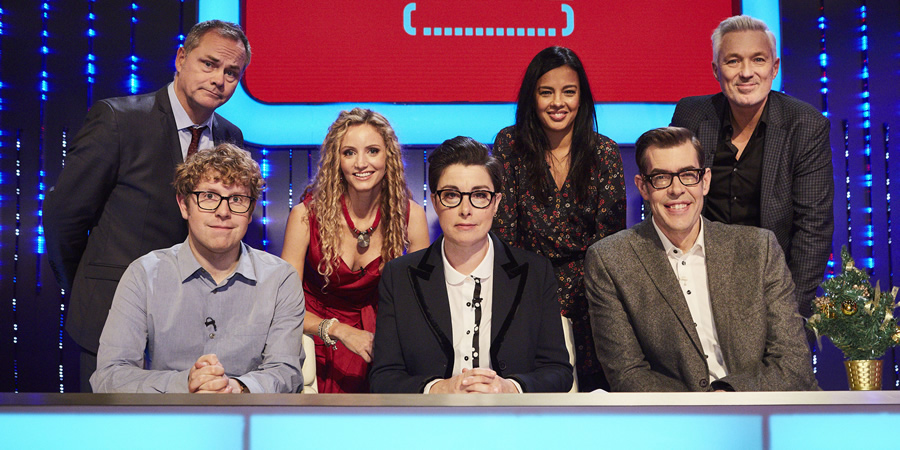 Insert Name Here. Image shows from L to R: Jack Dee, Josh Widdicombe, Suzannah Lipscomb, Sue Perkins, Liz Bonnin, Richard Osman, Martin Kemp