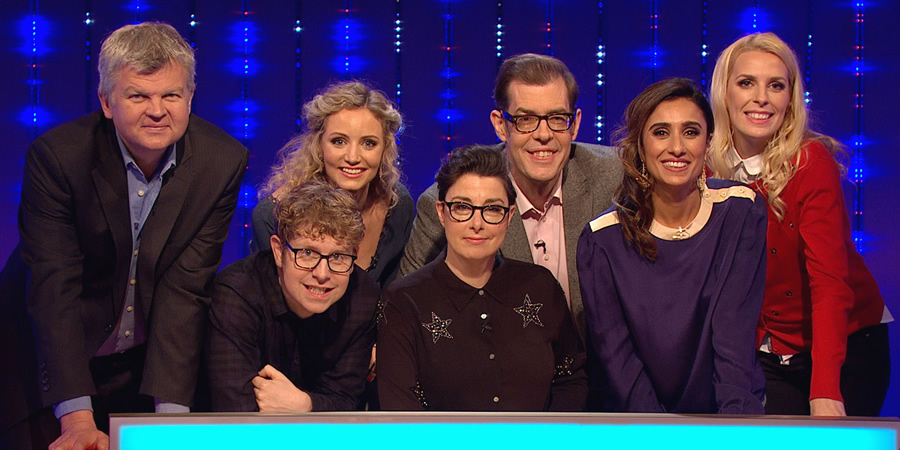 Insert Name Here. Image shows from L to R: Adrian Chiles, Josh Widdicombe, Suzannah Lipscomb, Sue Perkins, Richard Osman, Anita Rani, Sara Pascoe