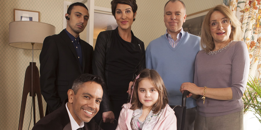Inside No. 9. Image shows from L to R: Si (Adam Deacon), Frankie J. Parsons (David Bedella), Sally (Tamsin Greig), Tamsin (Lucy Hutchinson), Graham (Steve Pemberton), Jan (Sophie Thompson). Copyright: BBC
