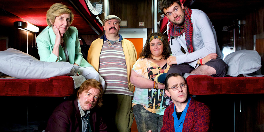 Inside No. 9. Image shows from L to R: Kath (Julie Hesmondhalgh), Jorg (Steve Pemberton), Les (Mark Benton), Shona (Jessica Gunning), Maxwell (Reece Shearsmith), Hugo (Jack Whitehall). Copyright: BBC