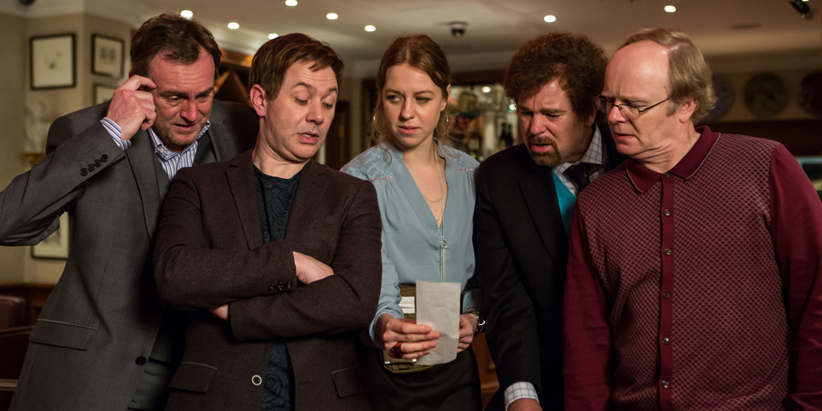 Inside No. 9. Image shows from L to R: Craig (Philip Glenister), Archie (Reece Shearsmith), Anya (Ellie White), Malcolm (Steve Pemberton), Kevin (Jason Watkins). Copyright: BBC