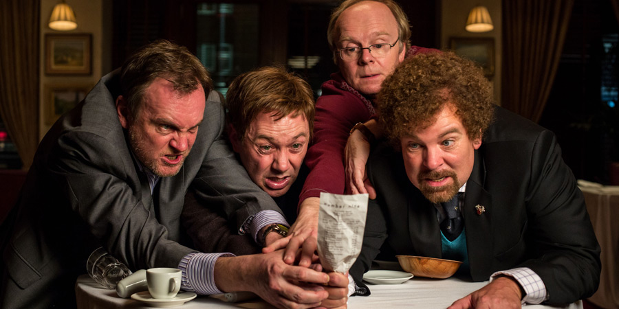 Inside No. 9. Image shows from L to R: Craig (Philip Glenister), Archie (Reece Shearsmith), Kevin (Jason Watkins), Malcolm (Steve Pemberton). Copyright: BBC