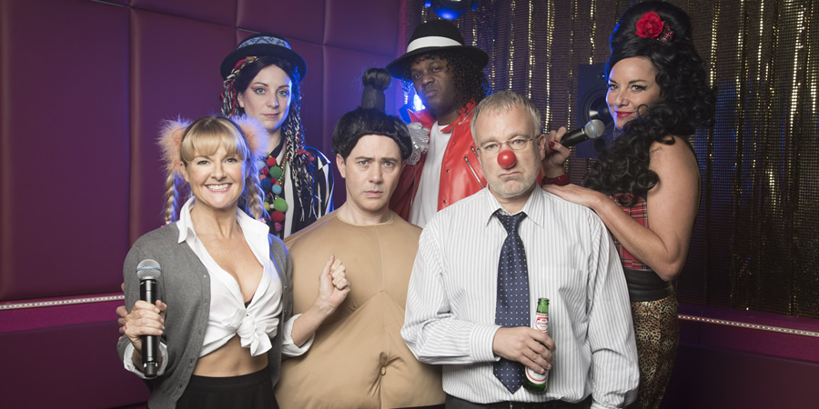 Inside No. 9. Image shows from L to R: Fran (Sarah Hadland), Janet (Emily Howlett), Greg (Reece Shearsmith), Duane (Javone Prince), Roger (Steve Pemberton), Connie (Tamzin Outhwaite). Copyright: BBC