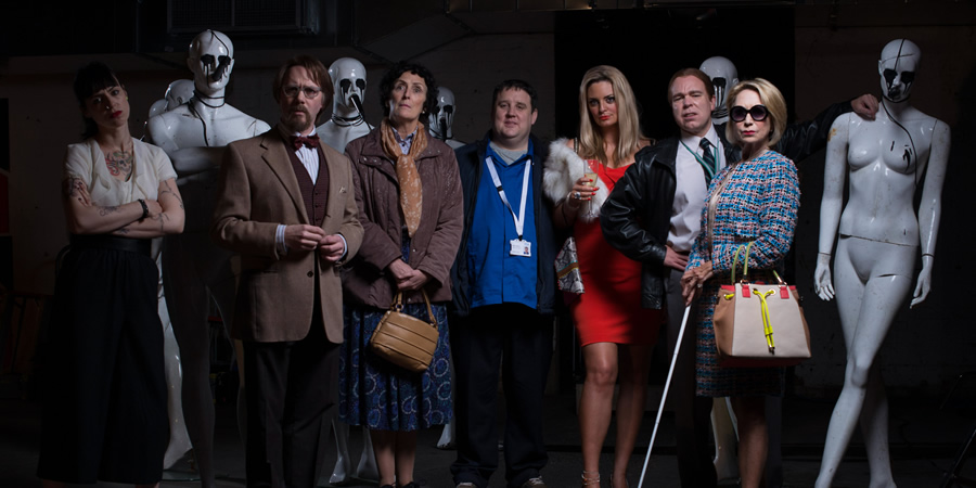 Inside No. 9. Image shows from L to R: Bea (Montserrat Lombard), Maurice (Reece Shearsmith), Jean (Fiona Shaw), Neil (Peter Kay), Carrie (Morgana Robinson), Kenneth (Steve Pemberton), Patricia (Felicity Kendal). Copyright: BBC