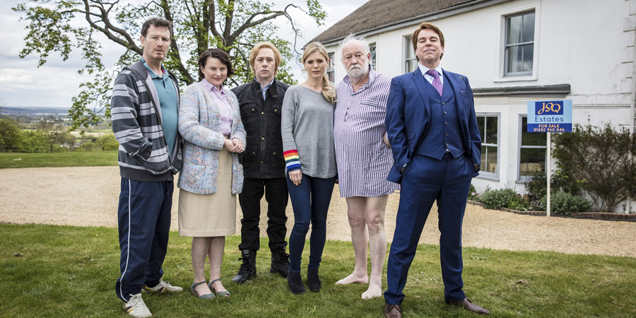 Inside No. 9. Image shows from L to R: Spike (Nick Moran), May (Monica Dolan), Viktor (Reece Shearsmith), Natasha (Emilia Fox), Percy (David Calder), Hugo (Steve Pemberton). Copyright: BBC