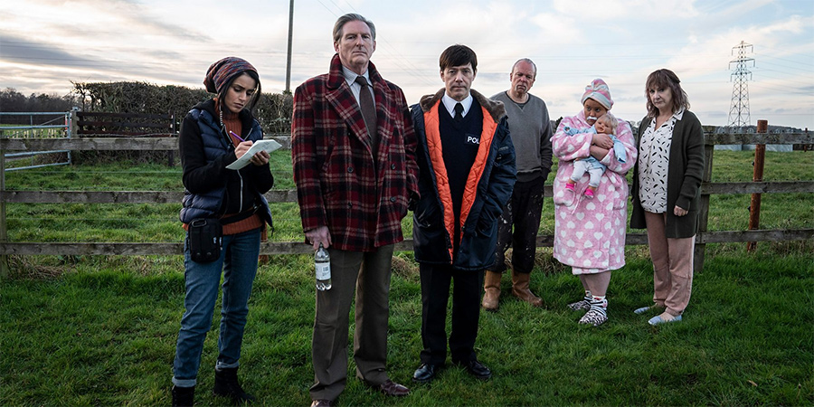 Inside No. 9. Image shows from L to R: Jo (Bhavna Limbachia), Adrian (Adrian Dunbar), James (Reece Shearsmith), Stan (Steve Pemberton), Bev (Donna Preston), Oona (Pauline McLynn)