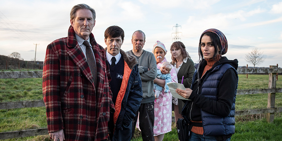 Inside No. 9. Image shows from L to R: Adrian (Adrian Dunbar), James (Reece Shearsmith), Stan (Steve Pemberton), Bev (Donna Preston), Oona (Pauline McLynn), Jo (Bhavna Limbachia)