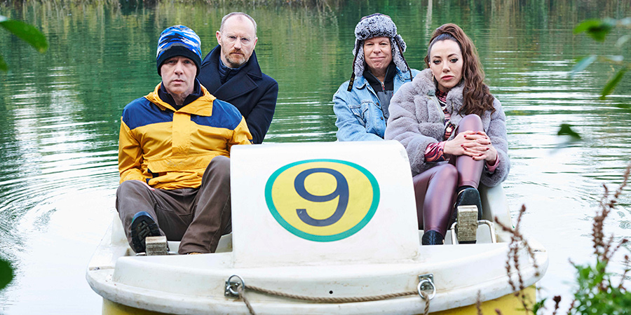 Inside No. 9. Image shows from L to R: Lawrence (Reece Shearsmith), Callum (Mark Gatiss), Darren (Steve Pemberton), Donna (Diane Morgan)