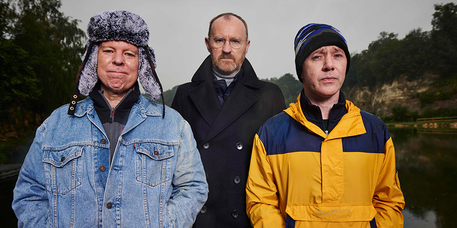 Inside No. 9. Image shows from L to R: Darren (Steve Pemberton), Callum (Mark Gatiss), Lawrence (Reece Shearsmith)