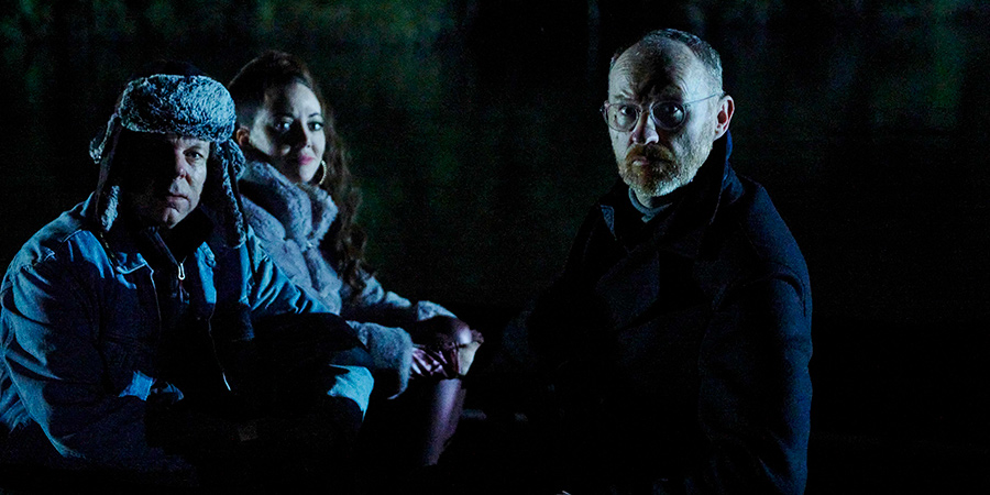 Inside No. 9. Image shows from L to R: Darren (Steve Pemberton), Donna (Diane Morgan), Callum (Mark Gatiss)