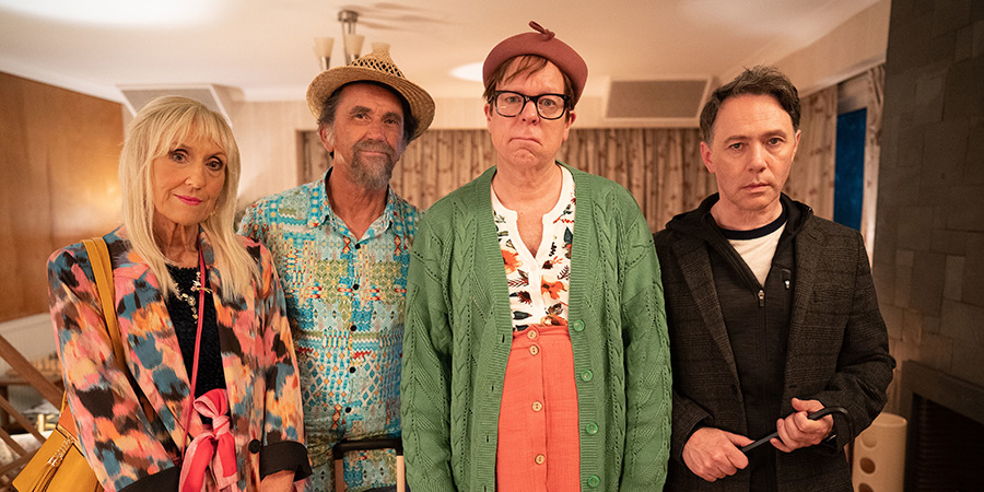 Inside No. 9. Image shows left to right: Frances (Anita Dobson), Reggie (Phil Daniels), Harry (Steve Pemberton), Edward (Reece Shearsmith)