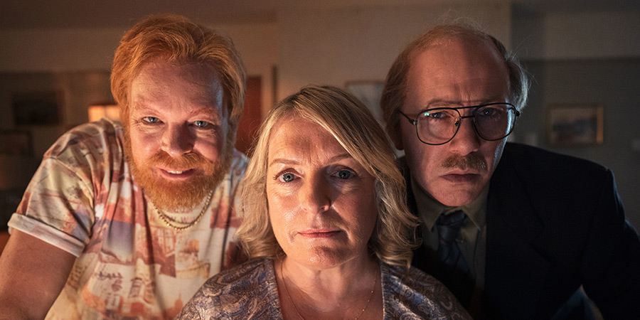 Inside No. 9. Image shows left to right: Manny (Steve Pemberton), Vicky (Claire Rushbrook), Norman (Reece Shearsmith)