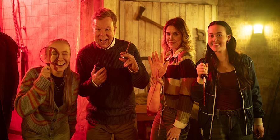 Inside No. 9. Image shows left to right: Amy (Maddie Evans), Jason (Steve Pemberton), Lynne (Katherine Kelly), Millie (Kalli Tant)