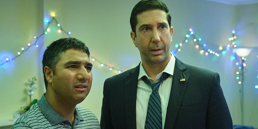 Intelligence. Image shows from L to R: Joseph Harries (Nick Mohammed), Jerry Bernstein (David Schwimmer)