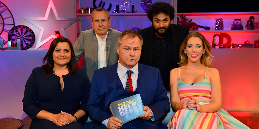 Jack Dee's HelpDesk. Image shows from L to R: Nina Wadia, Jeremy Hardy, Jack Dee, Nish Kumar, Katherine Ryan