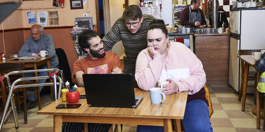 Jerk. Image shows from L to R: Tim (Tim Renkow), Idris (Rob Madin), Ruth (Sharon Rooney)