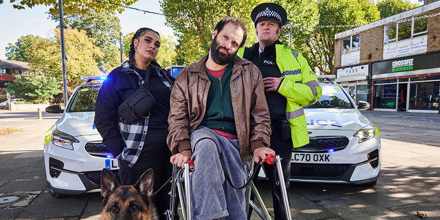 Jerk. Image shows left to right: Mirza (Sarah Seggari), Tim (Tim Renkow), PC Williams (Tom Bennett)