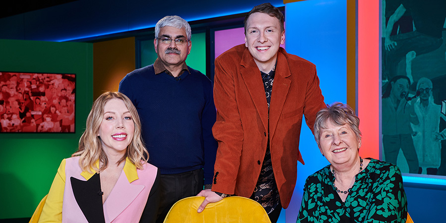 Joe Lycett's Got Your Back. Image shows from L to R: Katherine Ryan, Mark Silcox, Joe Lycett, Val Stones