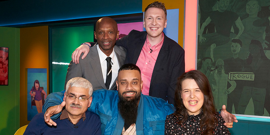 Joe Lycett's Got Your Back. Image shows from L to R: Mark Silcox, Andy Abraham, Guz Khan, Joe Lycett, Rosie Jones