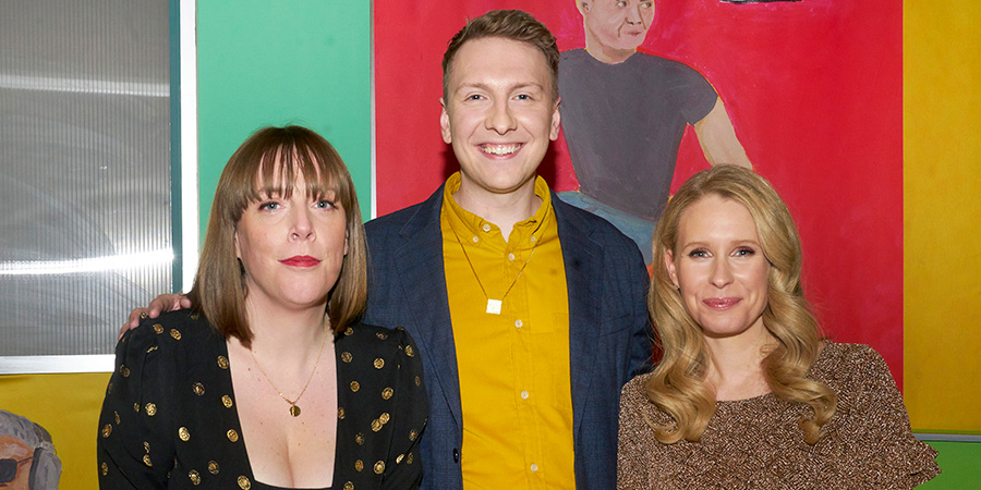 Joe Lycett's Got Your Back. Image shows from L to R: Jess Phillips, Joe Lycett, Lucy Beaumont