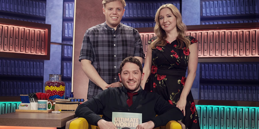 Jon Richardson: Ultimate Worrier. Image shows from L to R: Rob Beckett, Jon Richardson, Victoria Coren Mitchell. Copyright: Talkback