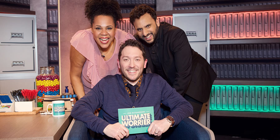 Jon Richardson: Ultimate Worrier. Image shows from L to R: Desiree Burch, Jon Richardson, Nish Kumar. Copyright: Talkback