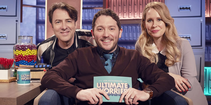 Jon Richardson: Ultimate Worrier. Image shows from L to R: Jonathan Ross, Jon Richardson, Lucy Beaumont. Copyright: Talkback