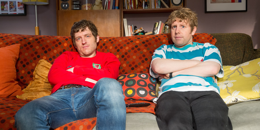 Josh. Image shows from L to R: Owen (Elis James), Josh (Josh Widdicombe). Copyright: BBC