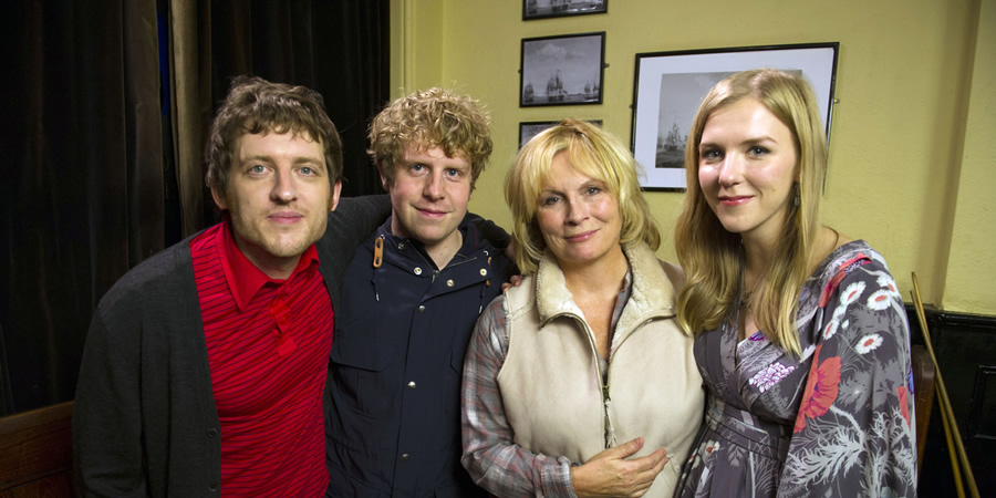 Josh. Image shows from L to R: Owen (Elis James), Josh (Josh Widdicombe), Judith Anderson (Jennifer Saunders), Kate (Beattie Edmondson). Copyright: BBC