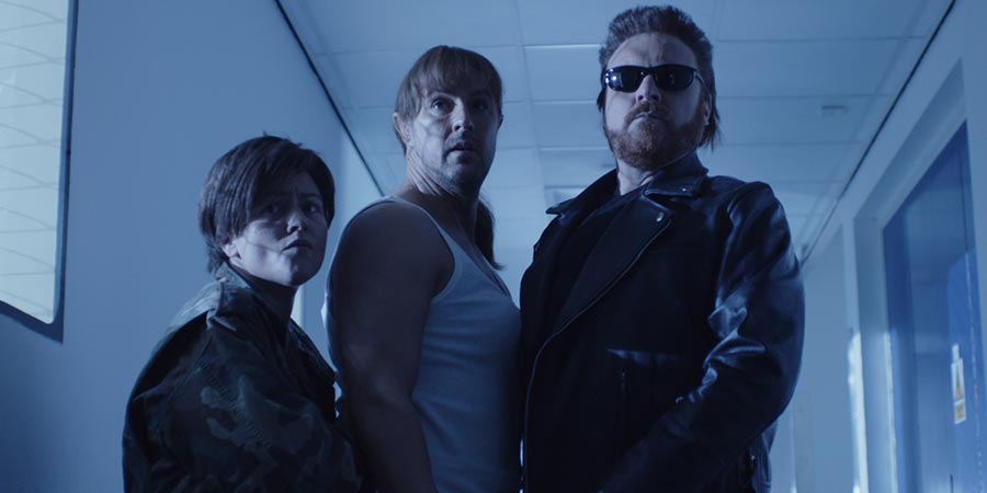 The Keith & Paddy Picture Show. Image shows from L to R: John Connor (Jaime Winstone), Sarah Connor (Paddy McGuinness), Terminator (Leigh Francis). Copyright: Talkback