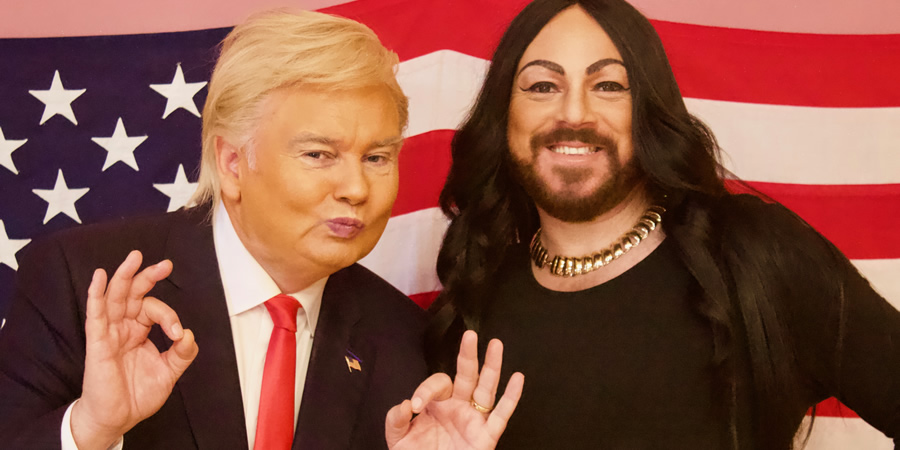 Keith Lemon: Coming In America. Image shows from L to R: Donald Trump (Eamonn Holmes), Leigh Francis. Copyright: Talkback